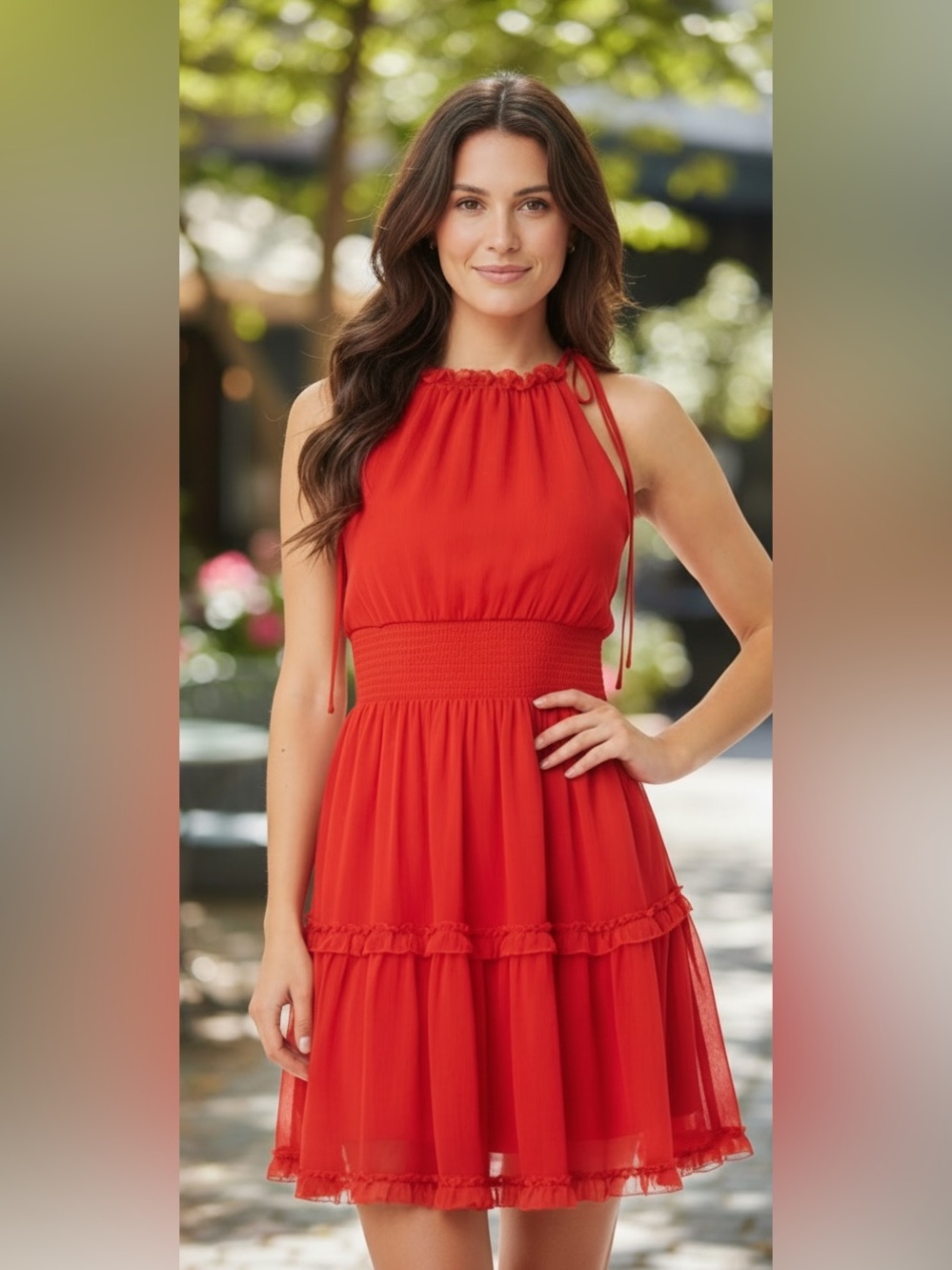 Banana Republic Red Tiered Ruffle Smocked Dress Adjustable Shoulder Ties | NWT